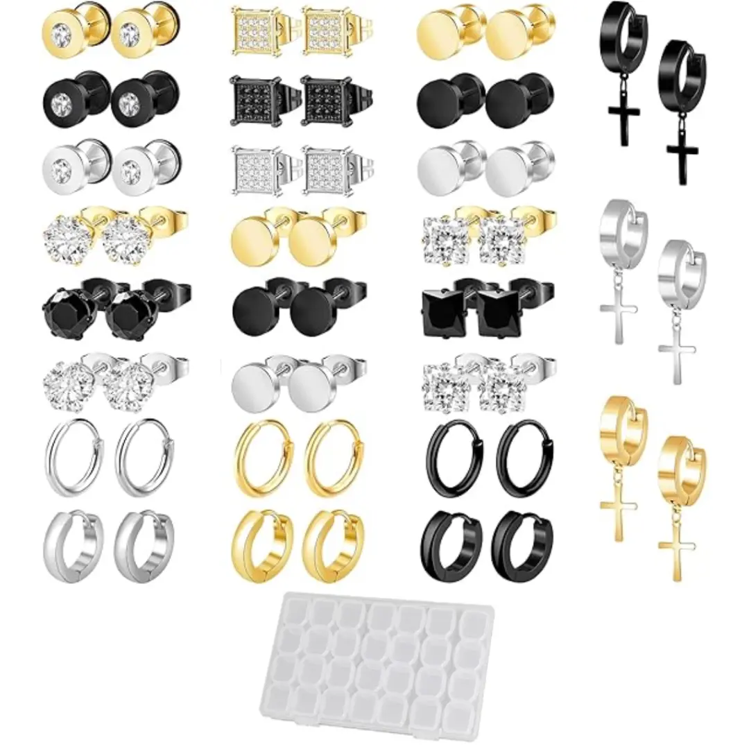 27 Pairs Stainless Steel Earrings for Men Inlaid Stud Cross Dangle Hinged Earrings Stud Hypoallergenic Earrings Huggie Earrings Set for Women Men Ear Piercing Jewelry Black