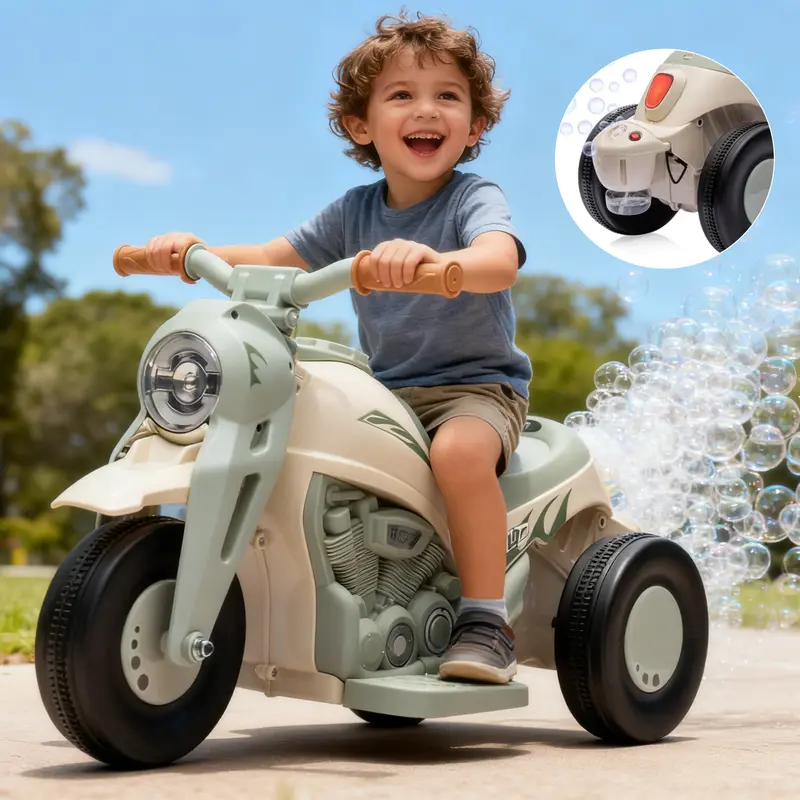 GARVEE 6V Battery-Powered Kids Electric Ride-On Trike with Ride on Wheels, LED Light, Auto Reset Fuse, Plastic PP Construction, 1.9 MPH Speed, Bubble Machine, Music Player, Foot Pedal, Forward-Reverse Gears, 14.5x31.5x16.9 in Motorbike for Toddlers,family