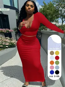 Women's Minimalist Solid Long Sleeve Notched Neck Crop Top & High Waist Long Skirt Set, Lady Comfort Basic Casual Fashionable Two Counts Outfits for Daily Outdoor Wear, Ladies Spring & Fall Clothes, Stretchy Outfit Sets, Womenswear