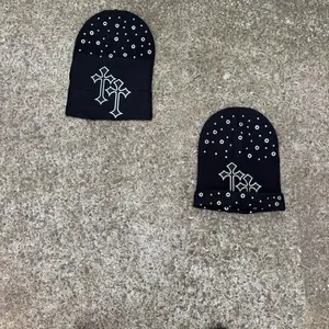 Fashion Studded Beanie - Black with silver Cross Design, Adjustable Fit, Ideal for Casual Wear