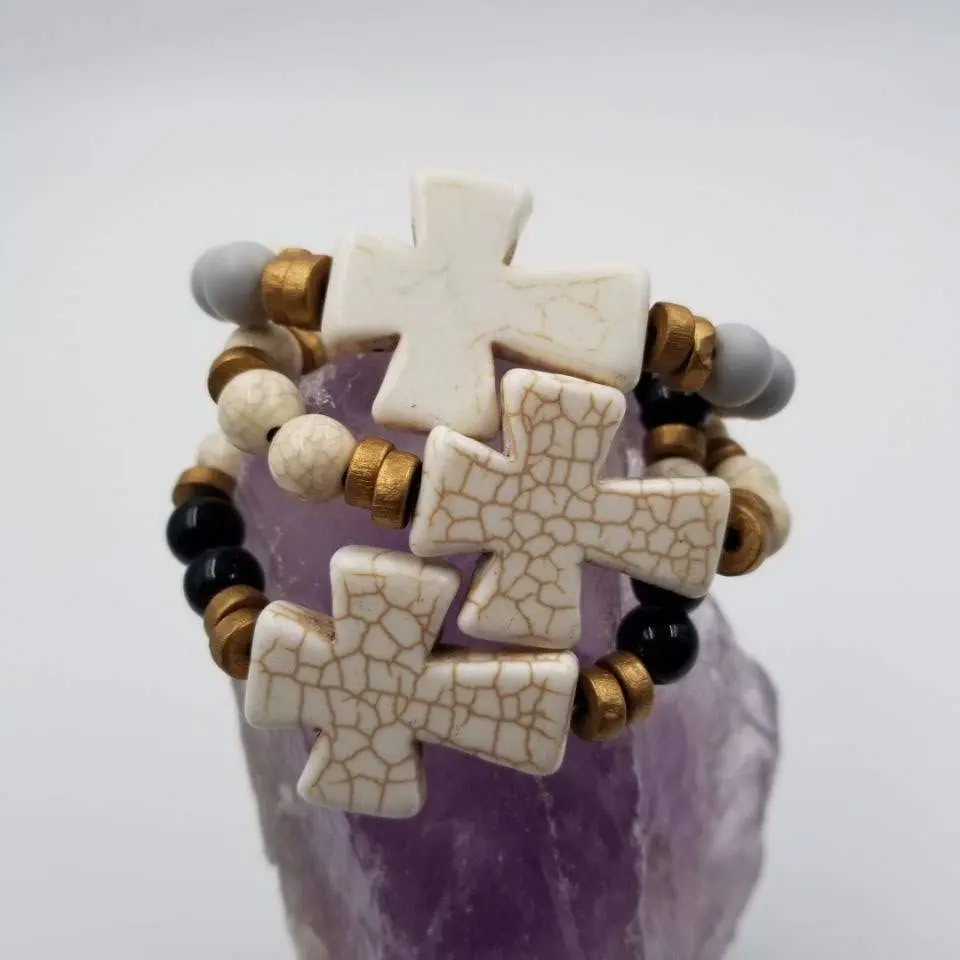 Turquoise Chunky Cross Stretch Bracelet: Gray, White, Black