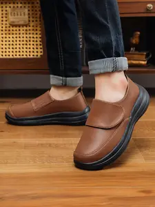 Men's Leather Shoes 2026 Fall Winter Anti-Slip Wear-Resistant Velcro Rubber Lightweight Mid-Aged Walking Big Size Shoes