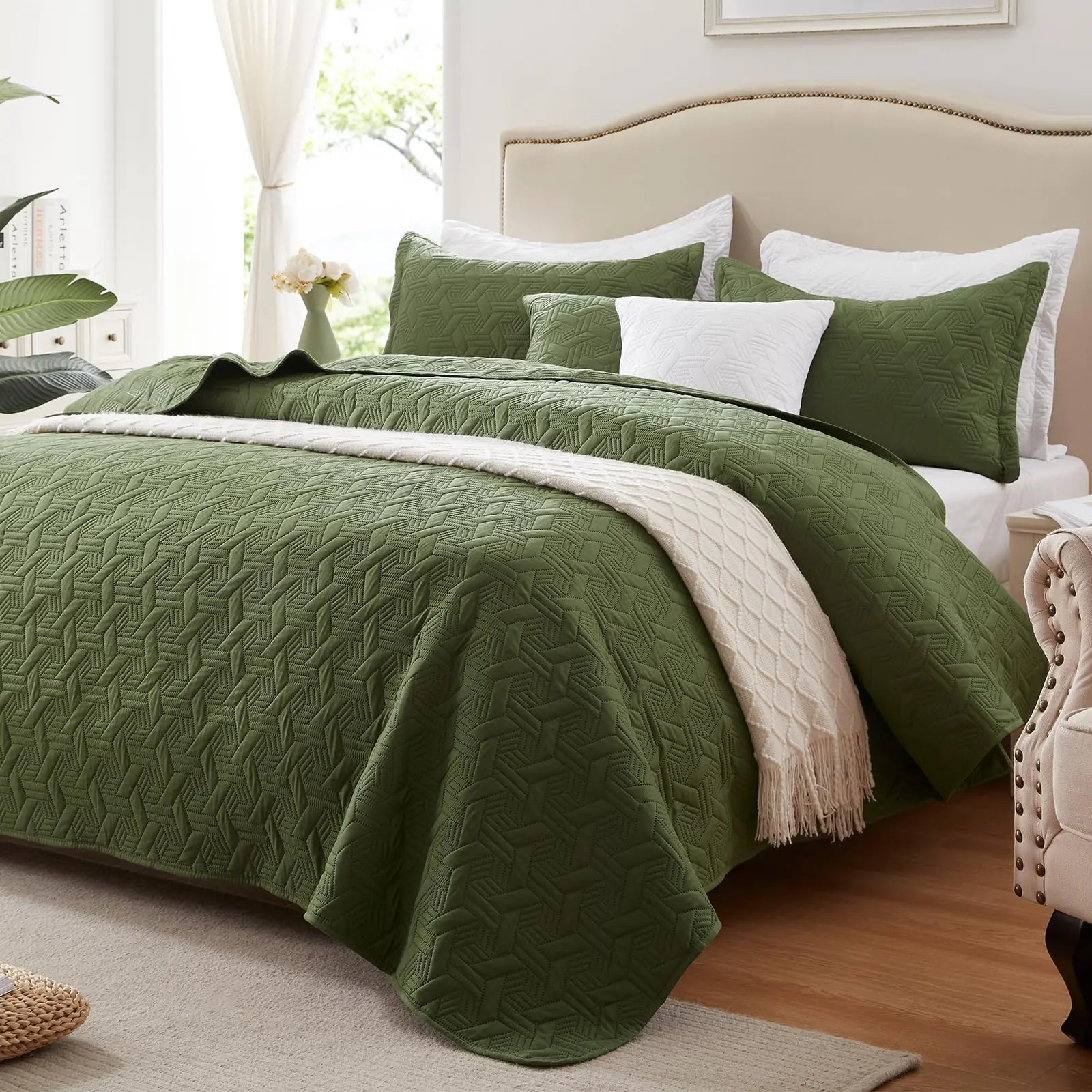 Premium Ultrasonic Quilt Set - Full Queen King & California King Size Basket Pattern Bedspread Coverlet with Pillow Shams - Oversized Green Orange Black White Beige Bedding for All Seasons Machine Washable