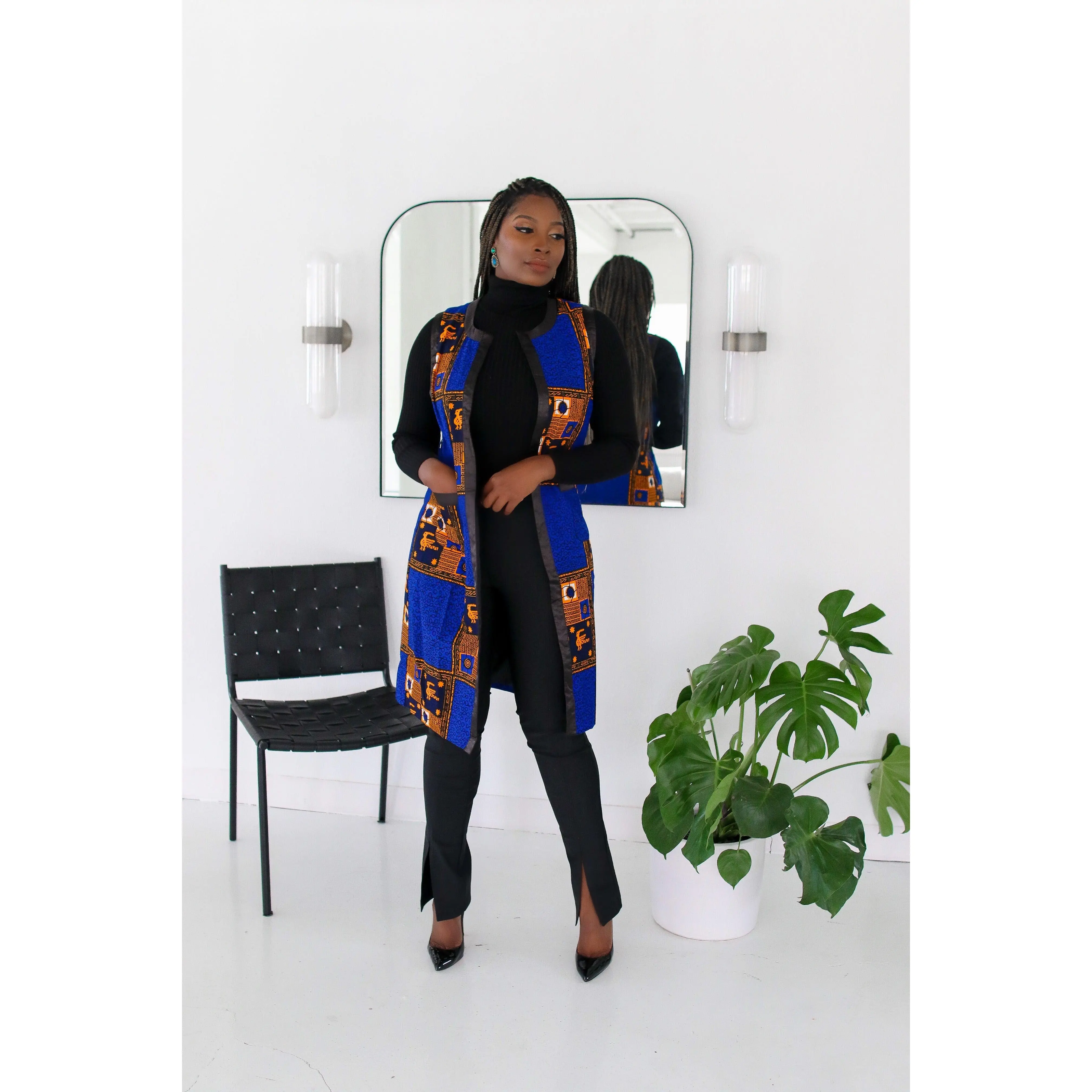 Halimah Collared Long Vest Blue Multi