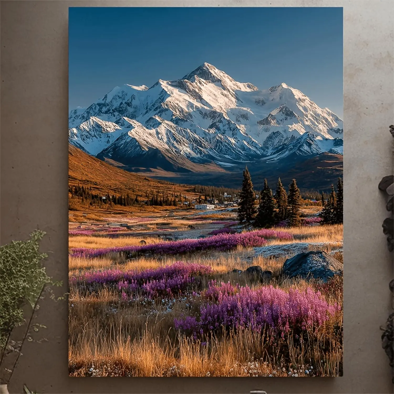2D Flat, Unframed Canvas Artwork Featuring a Sunset View of Mount Mckinley (Denali) in Alaska.