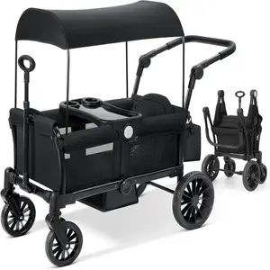 Foldable 2-Seater All-Terrain Wagon Stroller with Removable Canopy Adjustable Handle & Storage for Outdoor Family Activities, Adjustable Height, Dual-Mode