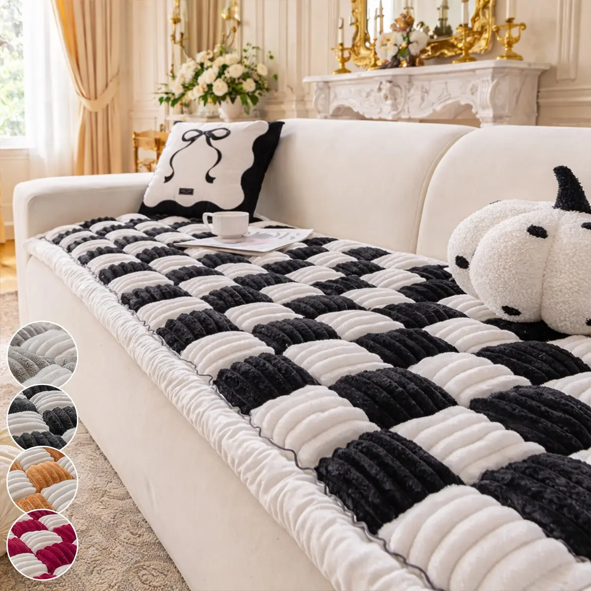 1pc Modern Thick Slouchy Sofa Cover with Checkered Plush Design, Slip Resistant, Dustproof Couch Protector, Pet Friendly, Fits 2-4 Seater Sofas, All Season Use, Sofa Slipcover