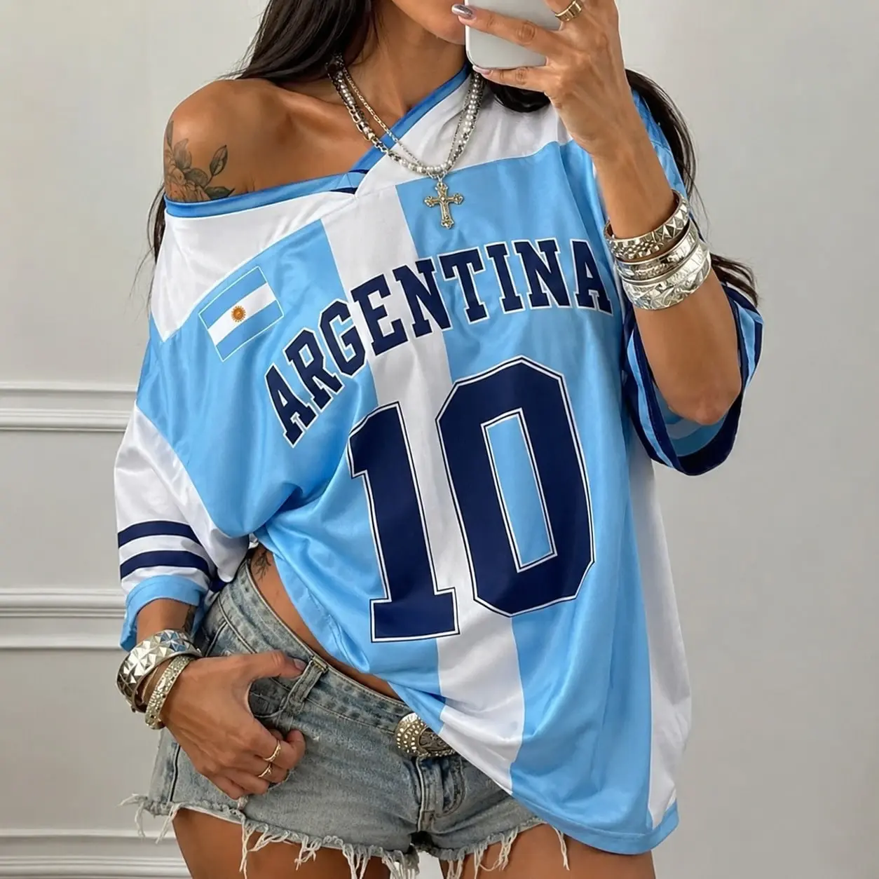 CHICWITHADRI Off Shoulder Number 10 Argentina Flag Print Striped Women Y2K Graphic Tee Casual Summer Outfit Streetwear