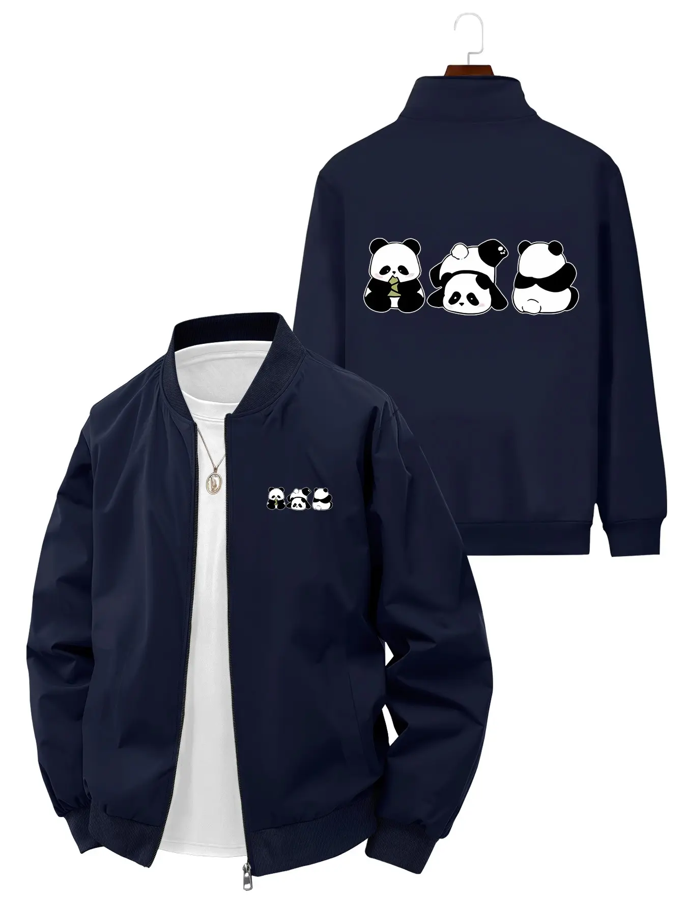 Cute Cartoon Panda Printed Men's Long Sleeve Baseball Jacket for Daily Casual Fashion and Daily Wear