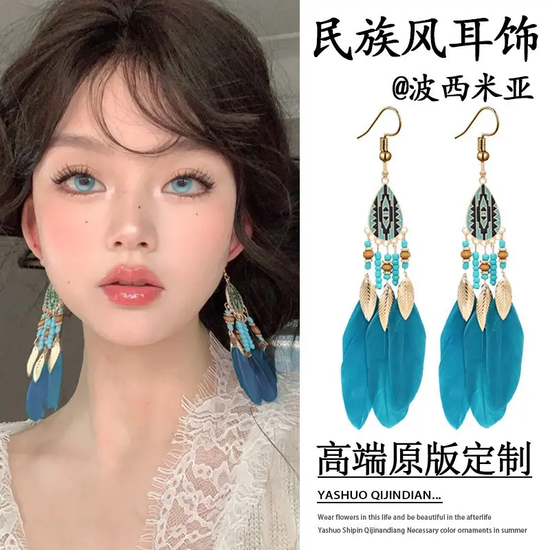 Bohemian Blue Feather Earhook 655