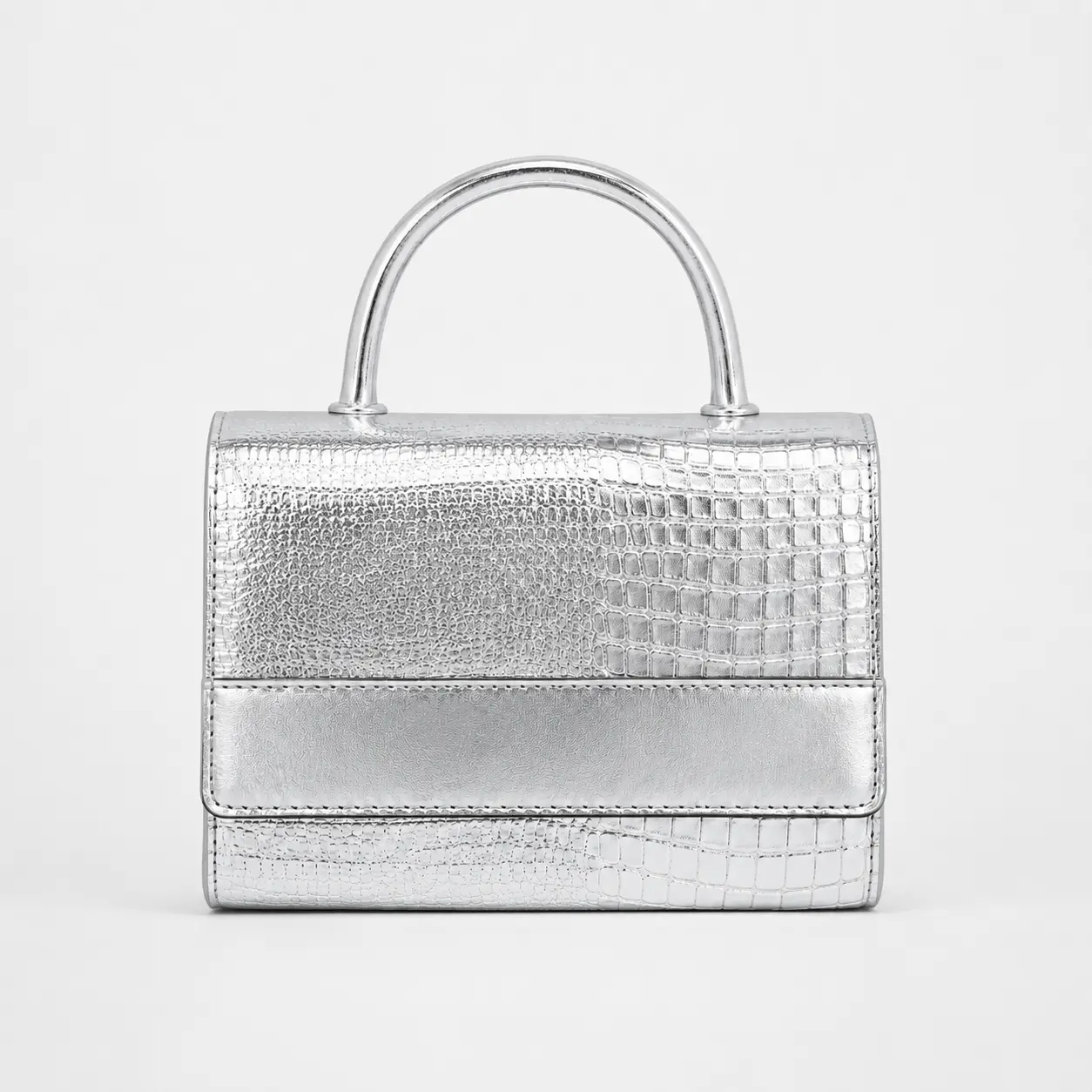 Elegant Women's Croco Print Satchel Bag, Metallic Silver Structured PU Leather Top-Handle Purse with Flap Closure for Parties, Metallic Croc-Embossed Finish, Top Handle Bag