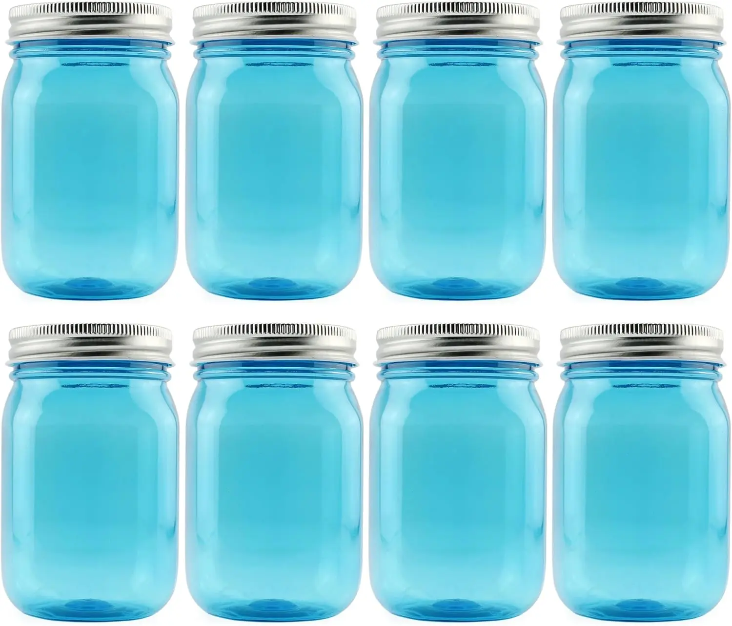 Cornucopia Brands 16Oz PLASTIC Mason Jars (8-Pack, Blue W/Silver Metal Lids); PET Bpa-Free Mason Jars W/One Piece Lids, 2-Cup/Pint Capacity