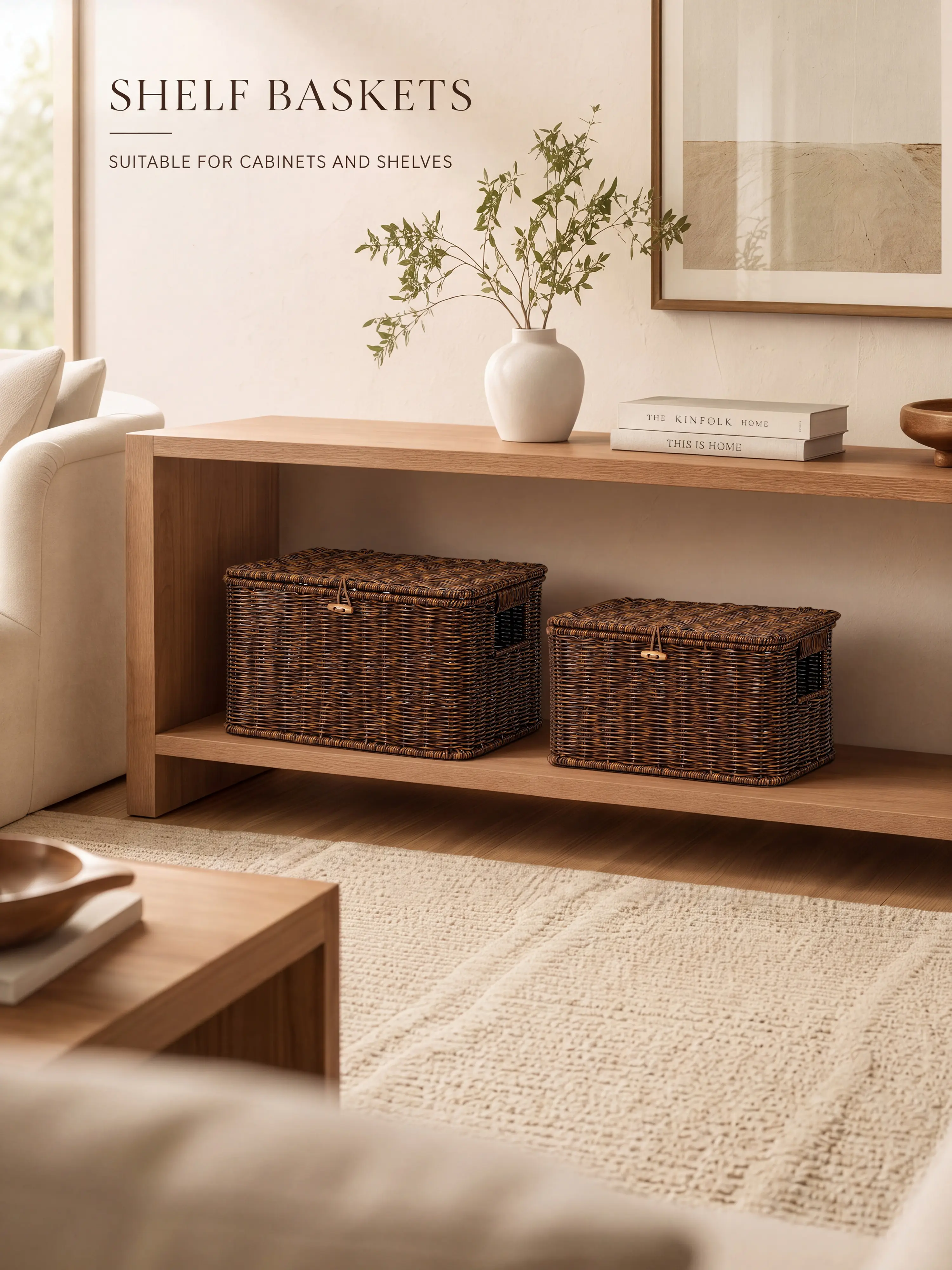Nonam Wicker Storage Basket with Lid - Stackable Plastic Organiser Bins (Brown, S+M+L), Boho Home Decor, Durable Lidded Shelf Containers for Closet Organization
