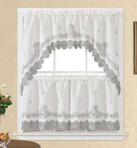 Lace Rosarium Kitchen Curtains, 3 count Kitchen Curtains and Valances Set, Elegant White Fabric with Rose Embroidery and Lace. (Grey, Swag and 22 inches Tiers Set)