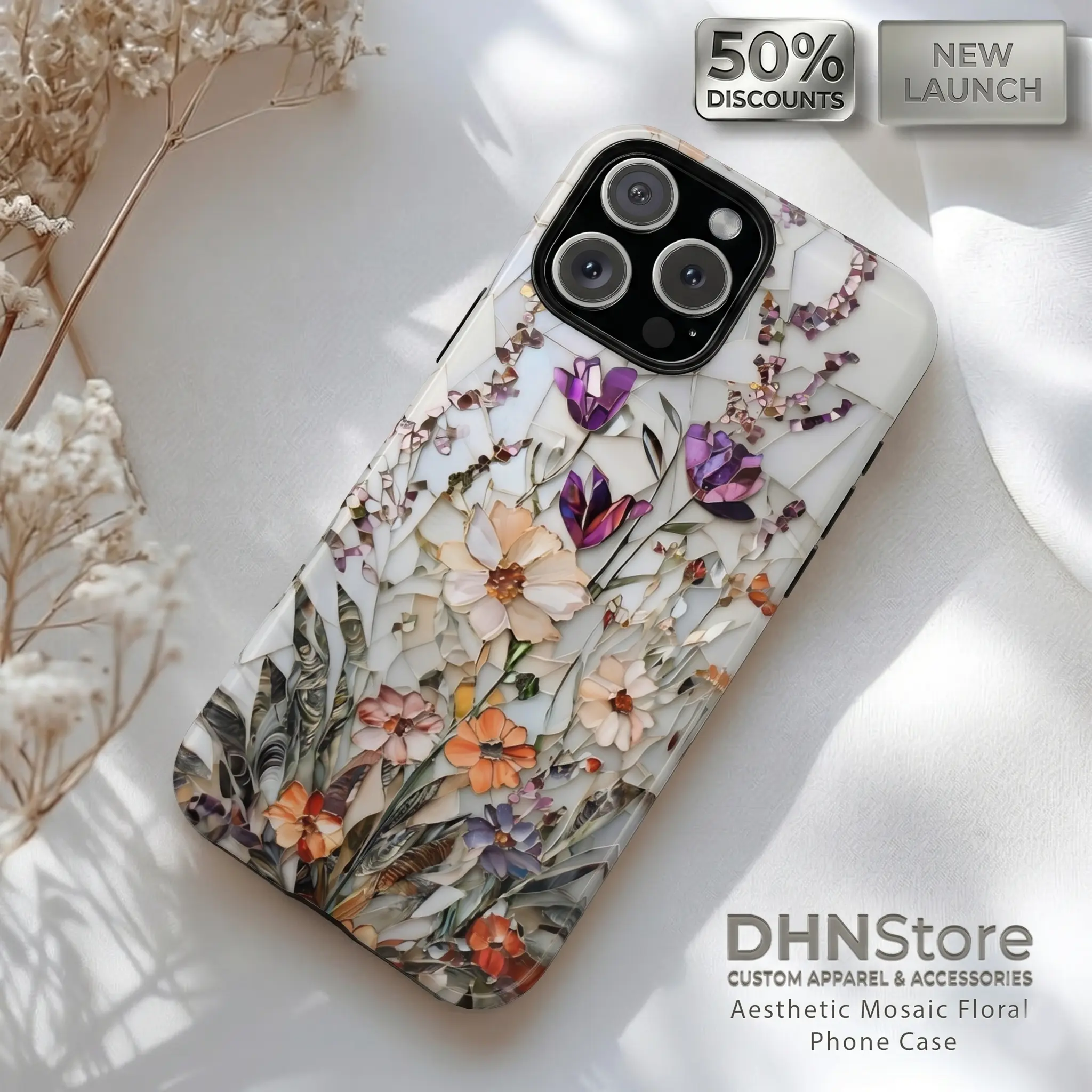 [Flash Deals] Luxury Aesthetic Mosaic Floral Dual-Layer Cellphone Case - Stained Glass Effect Glossy Polycarbonate Rubber Protector, Shockproof Wireless-Compatible Accessory for iPhone 17/16/15/14/13/12 Pro Max, Galaxy S25/S24/S23 Series, Protection, Devi
