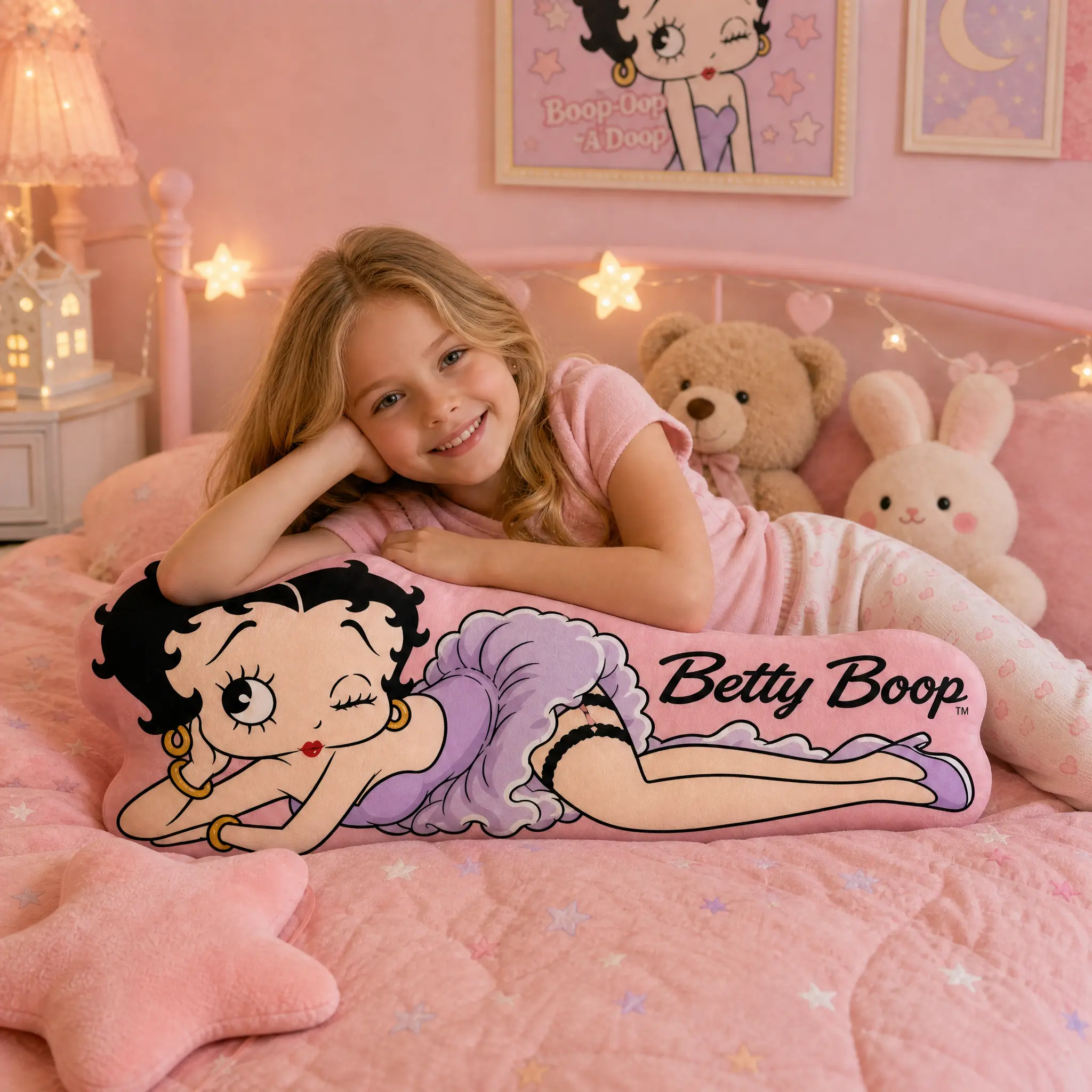 Betty Boop Shaped Soft Fabric Body Pillow - Double Sided Retro Look Stain Resistant Pink Cartoon Cushion for Bedroom Decor, Camping Sleeping Gear, Unisex