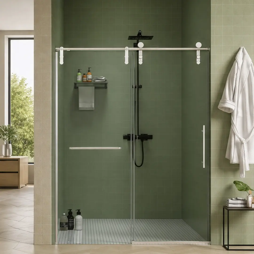 ARCH 56-60 Inch Width x 70 Inch Height Frameless Sliding Shower Door, 5/16 Inch Tempered Glass Shower Enclosure with Towel Bar, Double-Sided Easy Clean Coating, Brushed Nickel Stainless Steel, Reversible Installation, Bathroom American Design
