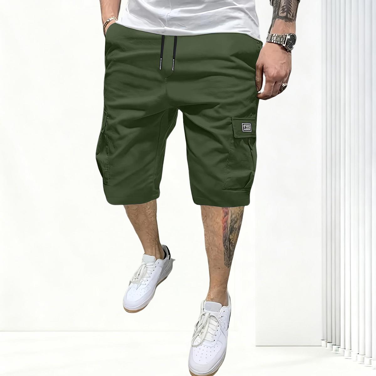 Men’s cargo shorts, solid color; outdoor tactical shorts; summer casual athletic shorts; loose fit with multiple pockets and an elastic waistband for work and hiking; suitable for outdoor hiking, everyday running, and commuting outfits.