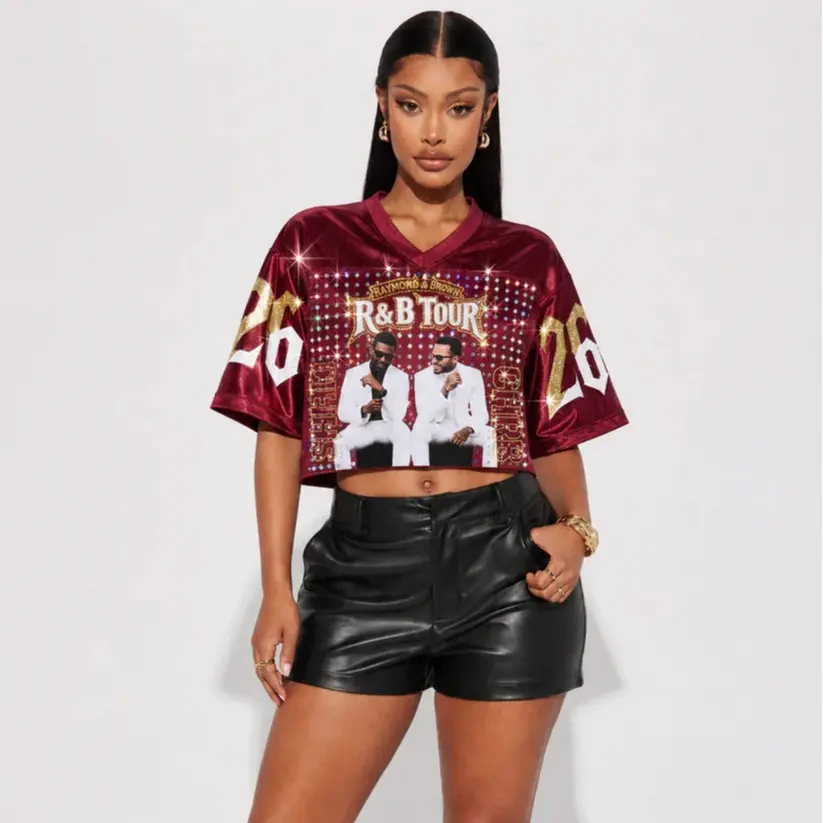 R&B Tour Inspired Glitter Bling Croptop Jersey, Rhinestone Style Baseball Jersey, Music Concert Fan Shirt, Hip Hop Streetwear, Unisex Oversized Festival Jersey Gift