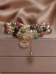 High-End Dual-Layer Rainbow Topaz Beaded Bracelet, Bohemian Style with Elegant Longevity Lock, Unique Women's Jewelry