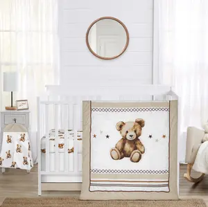 Sweet Jojo Designs 4-Piece Baby Crib Bedding Set (Boho Teddy Bear) for Boys/Girls, Infants/Nursery incl. Blanket, Fitted Sheet, Skirt, Diaper Stacker (Brown, Watercolor, Classic, Wholesome Aesthetic)