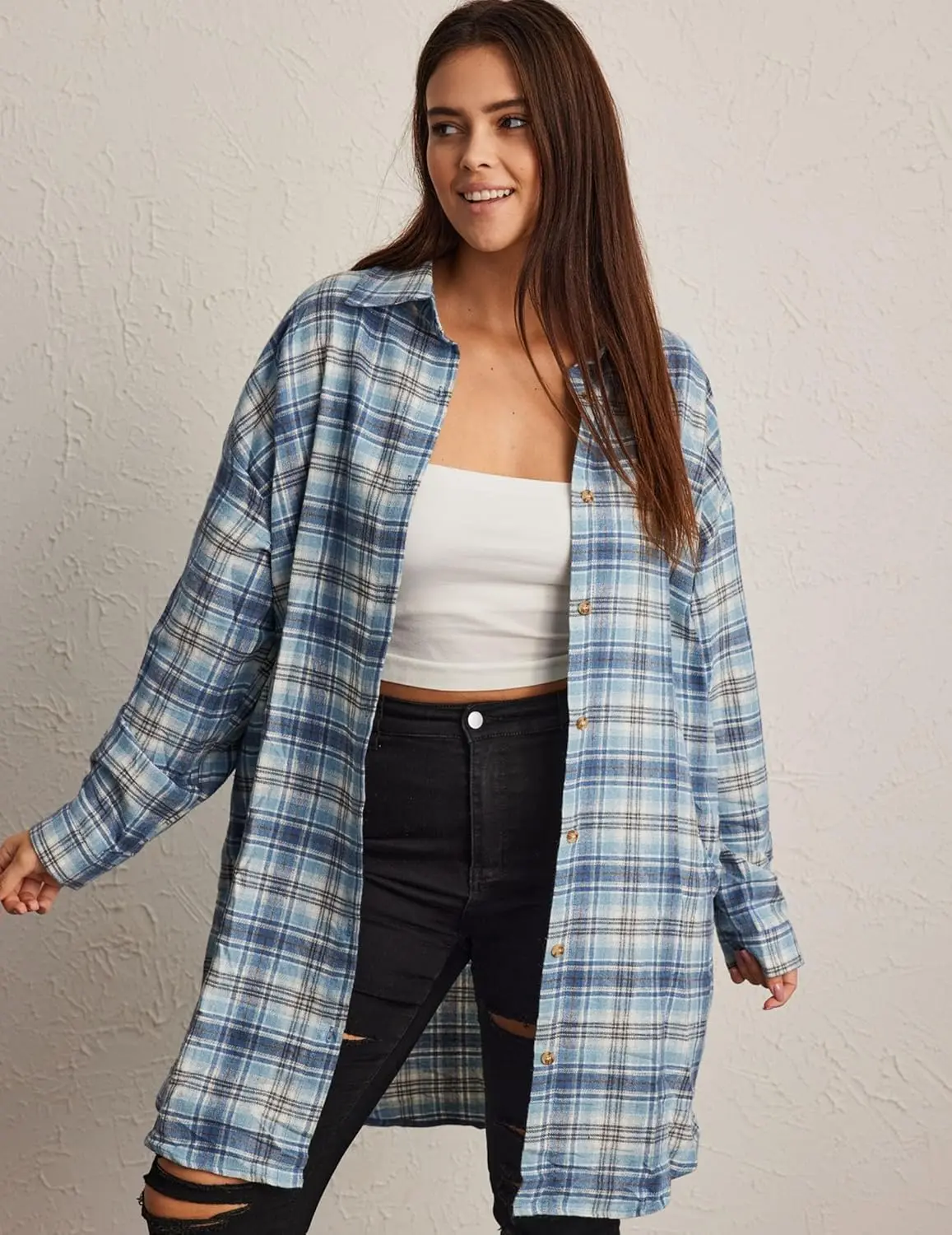 IN'VOLAND Womens Plus Size Plaid Flannel Shirt Long Sleeve Button Down Blouses Tops Shacket Jackets Coats with Pockets Fabric Womenswear Chic Fashion Lightweight Mum Party Polyester Skinny Soft Tunic Underwear detachable jacket