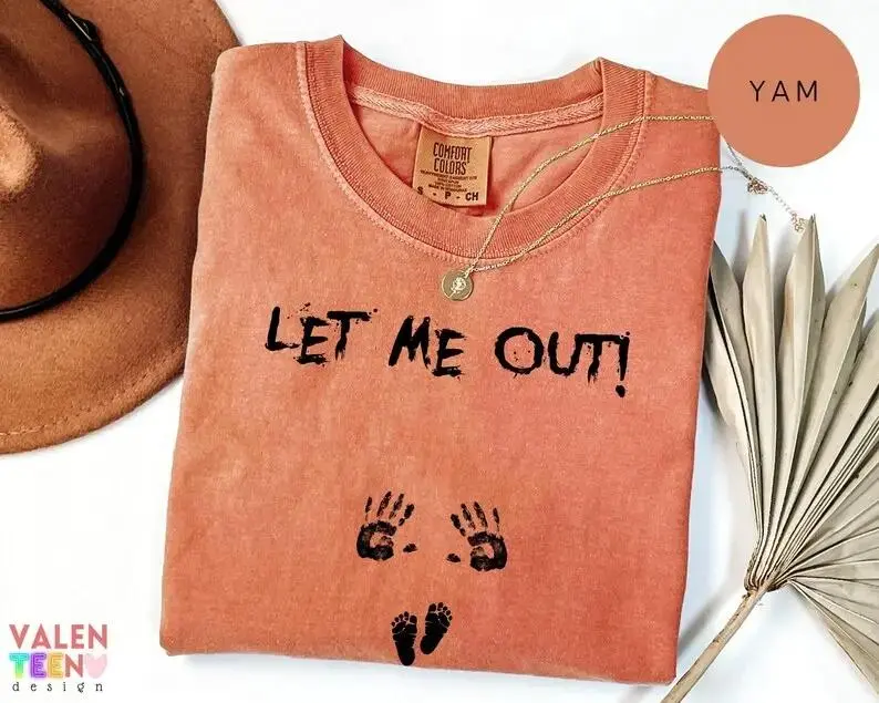 Let Me Out T-Shirt, Funny Baby Handprints Pregnancy Graphic Tee for Women, Cute Mom to Be Announcement Shirt, Maternity Gift, Baby Reveal Top