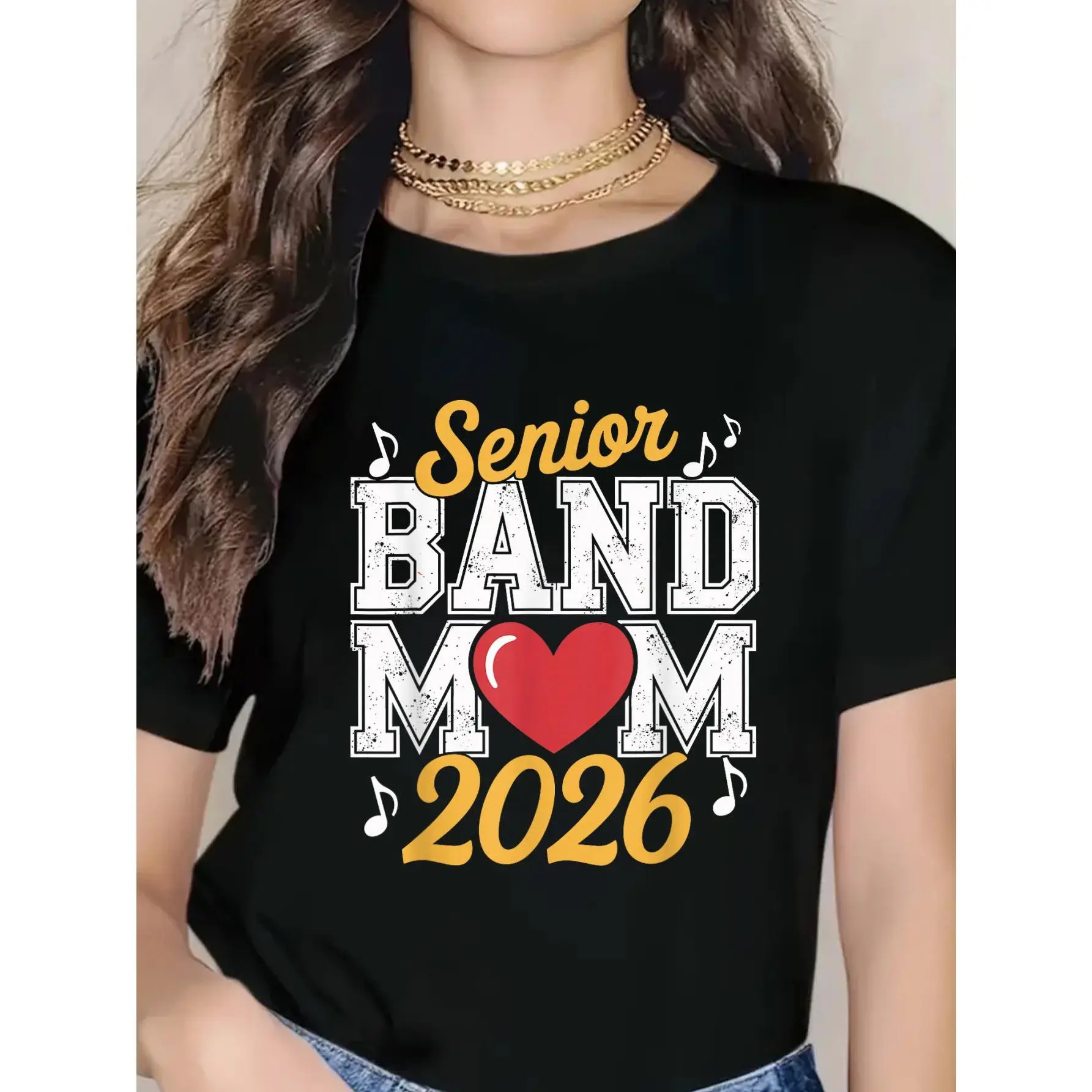 100% cotton unisex “Mom — Senior Band 2026” marching band T-shirt; 2026 women’s round-neck short-sleeve T-shirt