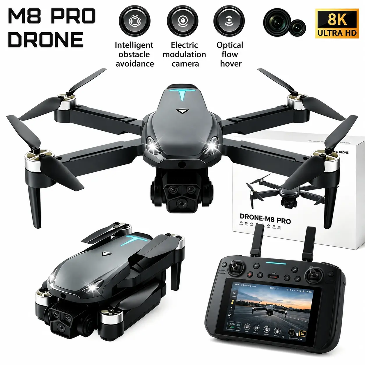 M8 Pro 2026 Foldable GPS Drone with 8K UHD EIS Camera, 5G FPV Transmission, Intelligent Obstacle Avoidance, Auto Return, 360° Flip, Dual Batteries – Easy-to-Fly Drone for Beginners & Adults