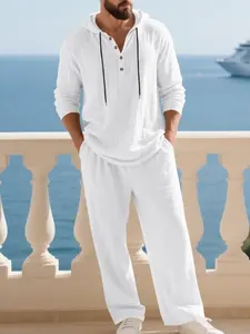 Men's Trendy Linen Long Sleeve Hooded Two-Piece Set, Casual Vacation Style, Loose Fit Breathable Fabric, Hoodie & Wide-Leg Pants, Spring & Fall Wear, Essential clothing for a man's wardrobe
