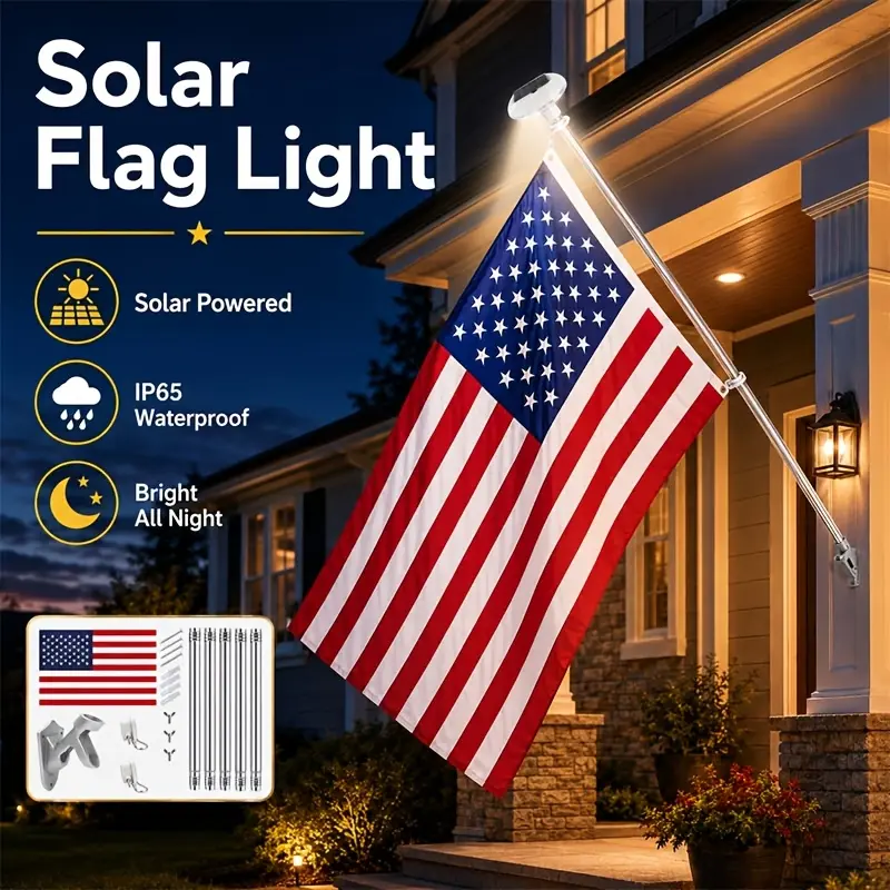 Upgraded Solar Flagpole Light Kit with US Flag & Flagpole, IP65 Waterproof, Smart Light Sensor, 36 LED Solar Outdoor Fixture for Home Decoration, Commercial Lighting patio decorative lamp porch decor