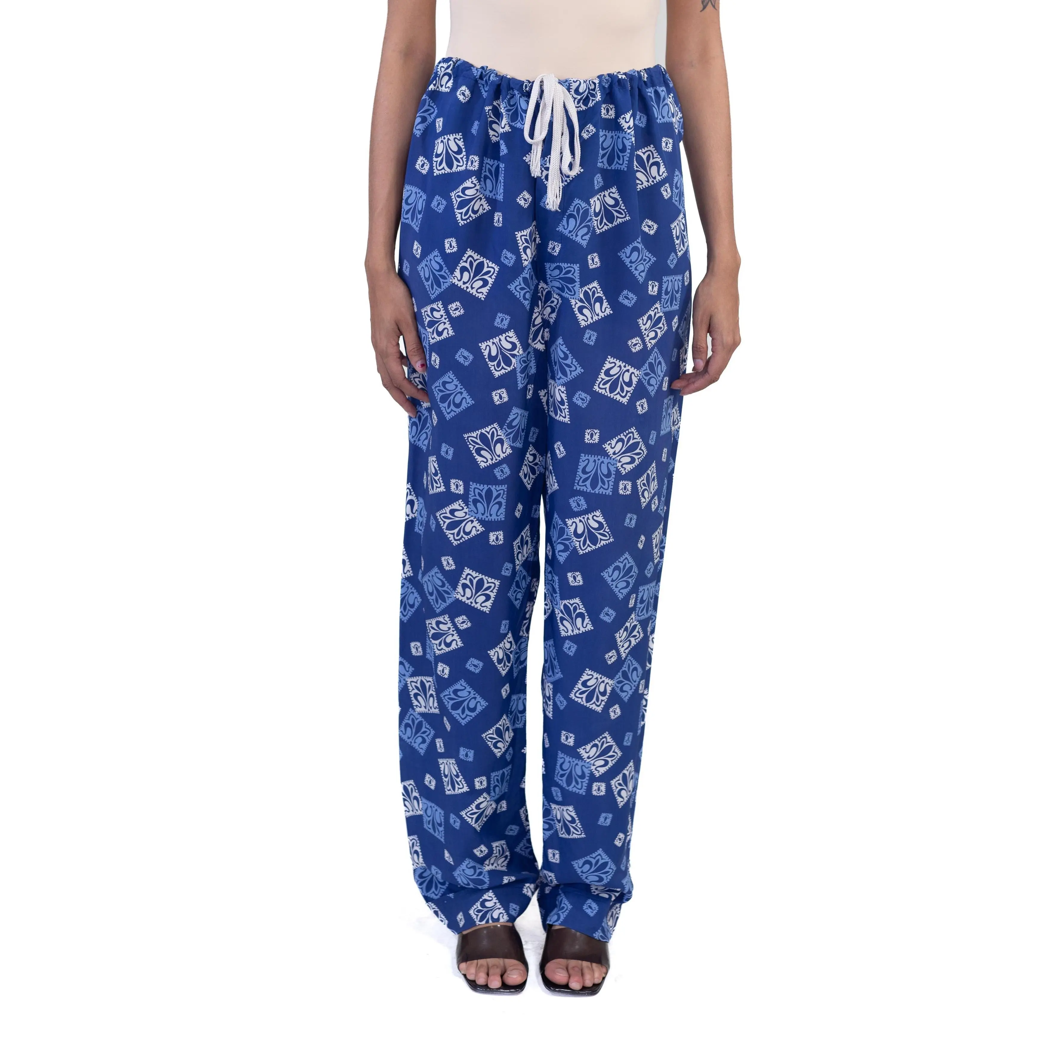 1940S Blue Cold Rayon Flur-De-Lis Novelty Print Pants