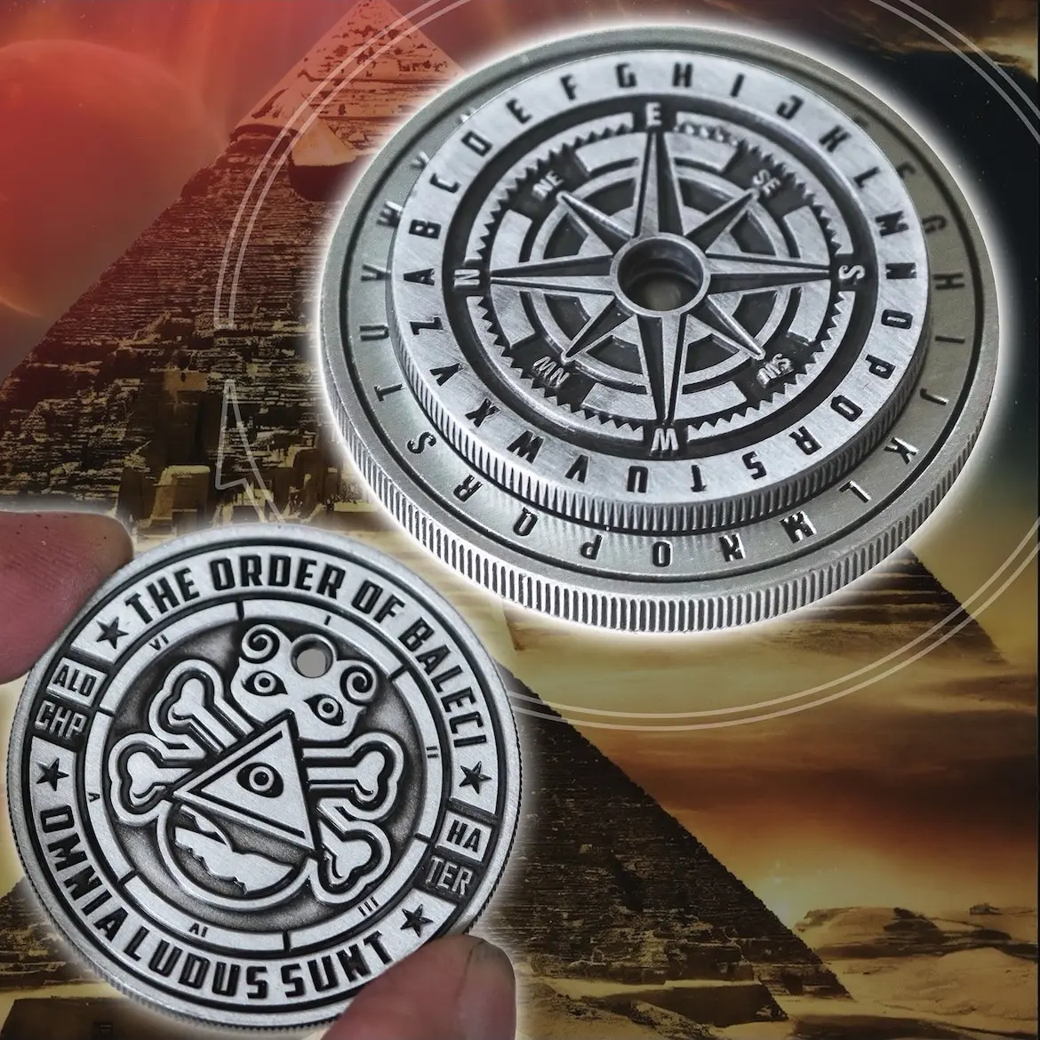 Caeser's Cipher Wheel Coin Set of 2, Spinnable, Wearable, Mystery Decoder Wheel Dice Coin in Antique Silver, Vegvísir Compass Game Gift Set