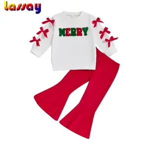 Kid Girls Pants Set, Embroidery Letters Sweatshirt with Flare Pants Christmas Outfit
