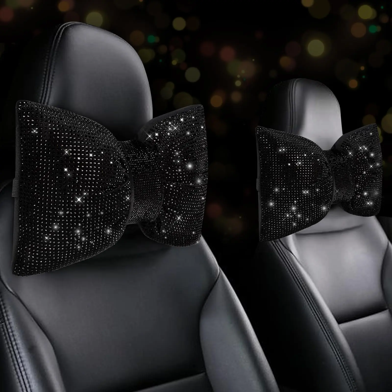 2 Piece Glitter Car Pillows, Water Drill Bow Headrest, Driver Neck Pillow, Sleep Travel Support, Women's Shiny Diamond Interior Accessory, Car Accessories, Auto Accessories