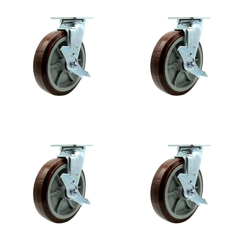 Service Caster SCC-30CS820-PPUR-TLB-BSL-2 Heavy Duty Polyurethane Swivel Top Mount Casters, 8 in. Wheels, Set of 4, 2 Swivel with Brakes, 4000 lbs Capacity, Smooth & Secure Ride for Commercial Equipment, Drywall Carts, Platform Trucks, Freight Terminals