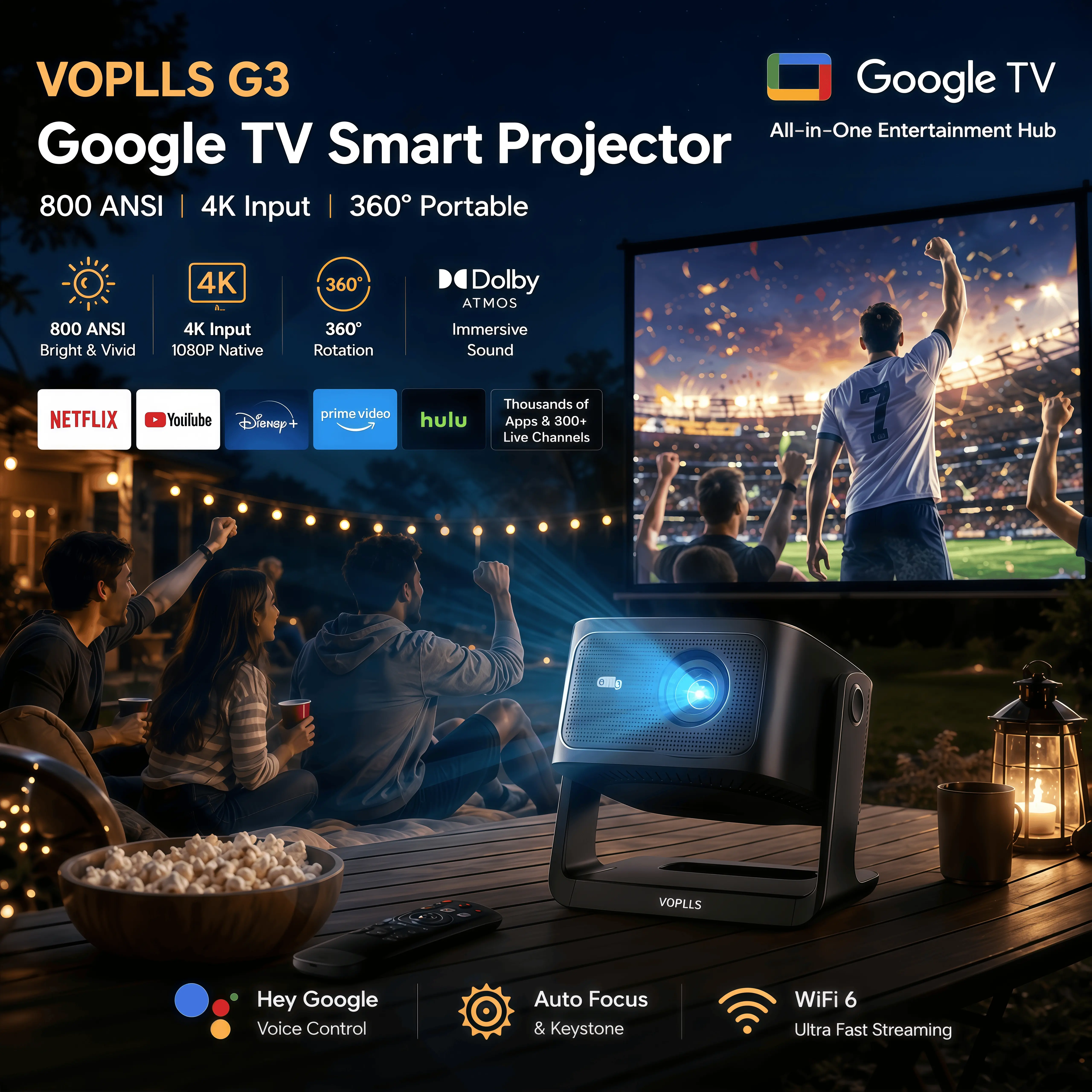 VOPLLS Outdoor Smart Portable Projector with Google TV - 800 ANSI Lumens, Native 1080P Resolution, Auto Focus, Dolby Audio, WiFi, BT, 360° Rotatable, Digital Zoom, Multi-Port for Movies, Gaming, Bedroom