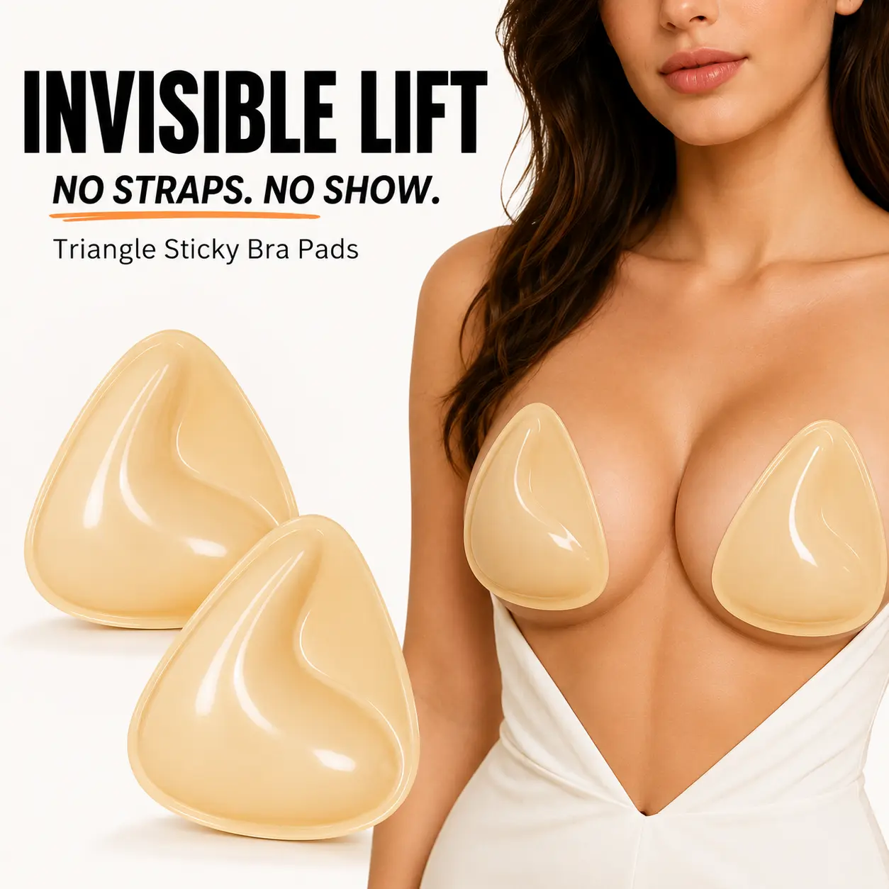 Triangle Silicone Push Up Adhesive Bra Pads, XL Reusable Sticky Bra Inserts for Dresses, Tops & Bikinis, Invisible Seamless Comfortable Fit