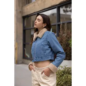 Aileen Cropped Denim Jacket with Shearling Collar and Cuff Trim