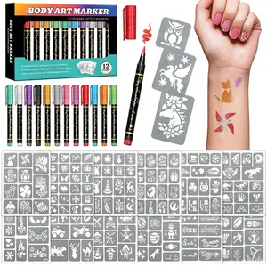 Temporary Tattoo Markers for Skin, 12 Metal Body Markers + 169 Large Tattoo Stencils for Teens Adults, Flexible Brush Tip, Bright Colors, Cosmetic-Grade Tattoo Ink, DIY Body Art Painting for Women Men