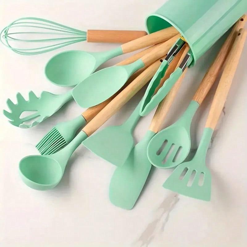 TAIMASI [Non-Stick Utensil Set] 12pcs Non-Stick Silicone Kitchen Utensil Set With Wooden Handles | Saf-E And Easy To Clean - Perfect For Cooking And Baking - Ideal For Back To School And Dorm Essentials