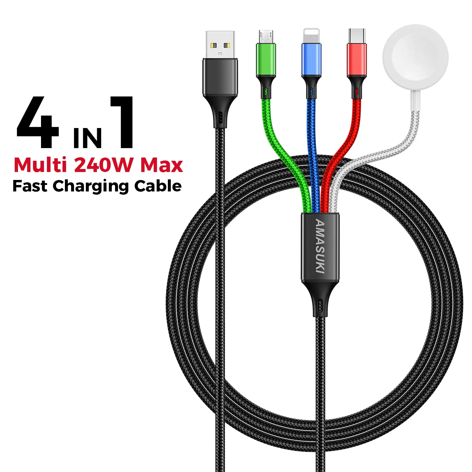 4-in-1 Universal USB Charger Cable - iPhone, Android, Type-C Compatible, Charges 4 Devices Simultaneously, Durable Tangled-Free Braided Cord