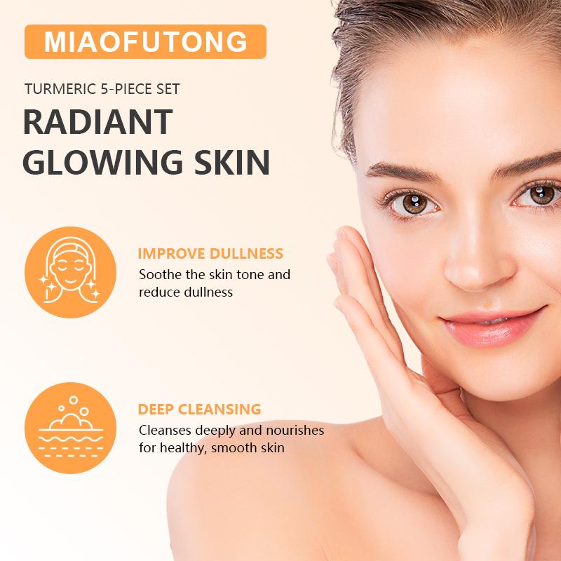 Turmeric 6-Piece Skincare Set with Massage Cleansing Brush – Includes Turmeric Clay Mask, Turmeric Mousse Cleanser, Turmeric Soap, Turmeric Face Cream, and Turmeric Oil. A complete cleansing and skincare kit