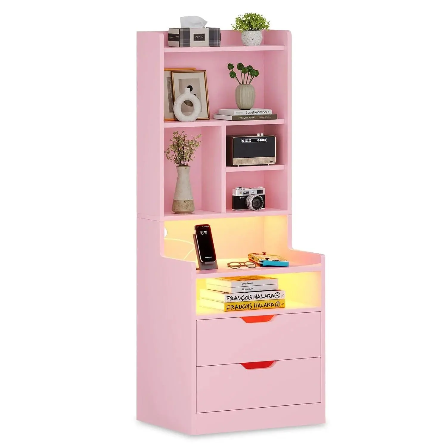 Sikaic LED Tall Nightstand with Charging Station, Pink Bedside Table with Storage Shelves and Drawers for Bedroom Furniture