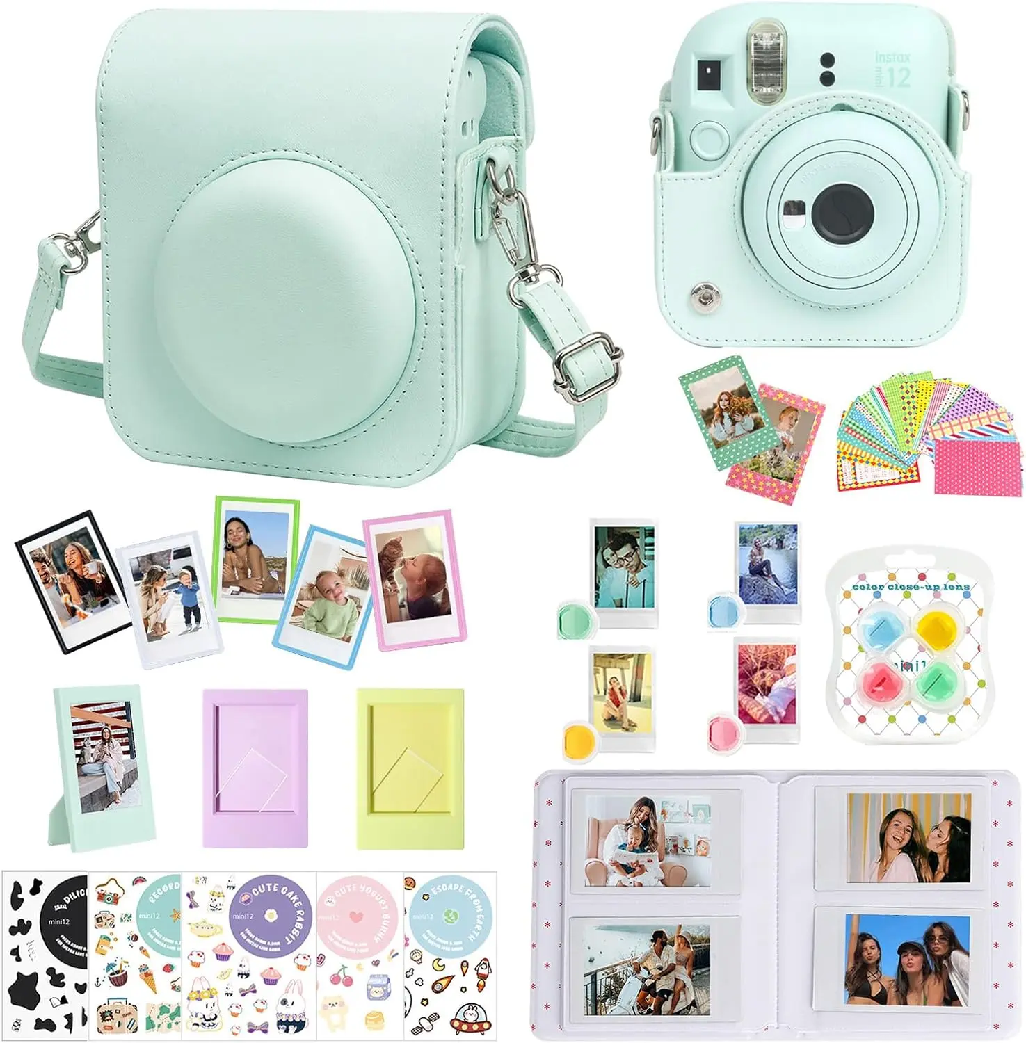 Accessories for  Instax Mini 12 Camera, Accessory Bundle Include PU Leather 12 Case, Mini Picture Album, Frames, DIY Stickers, Color Filter (No Camera) - Mint Green
