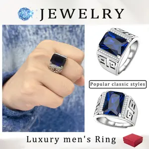 Men’s Adjustable Art Deco Ring｜6×15mm Imitation Sapphire Cubic Zirconia Retro Design｜Luxury Mood Jewelry Gift for Husband, Boyfriend or Anniversary