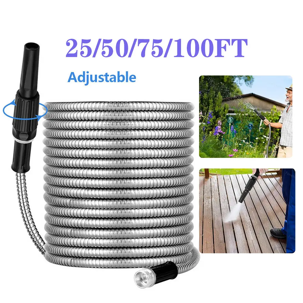 Steel Garden Hose with 6 Nozzle, 25/50/75/100 FT 304 Stainless Steel  Water Hose, Easy to Coil, for Watering, Car Washing, Outdoor Cleaning