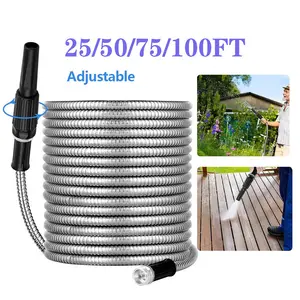 25/50/75/100FT Steel Garden Hose with Nozzle, 304 Stainless Steel Metal Water Hose 75Ft, Flexible Hose, Kink Free, Lightweight and Durable, Crush Resistant Fitting, Easy to Coil