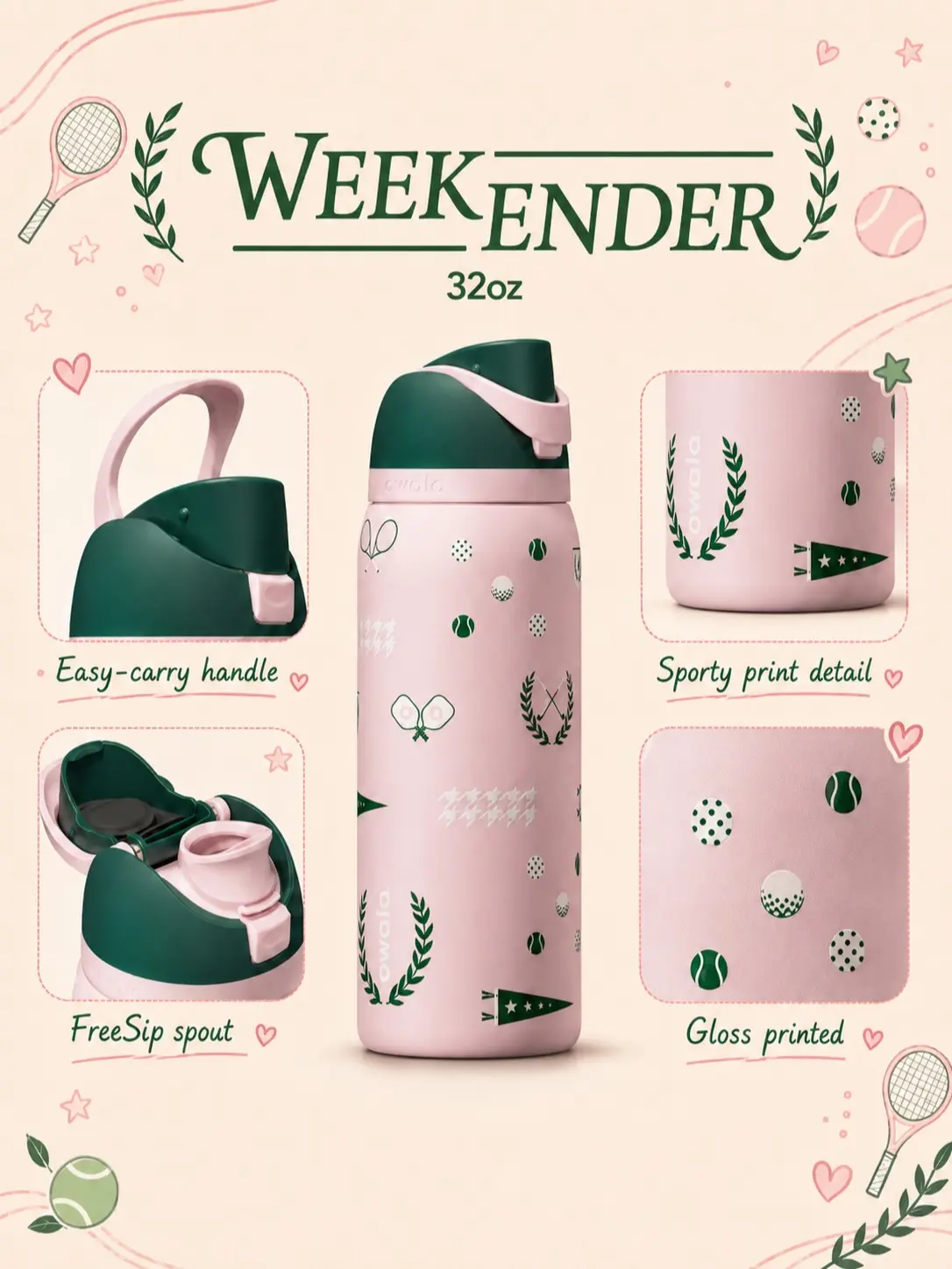Limited Edition Owala Weekender FreeSip 32oz – Double Wall Vacuum Insulated Stainless Steel Water Bottle with Leakproof Lid, Soft Girl, Pink Girl Aesthetic,