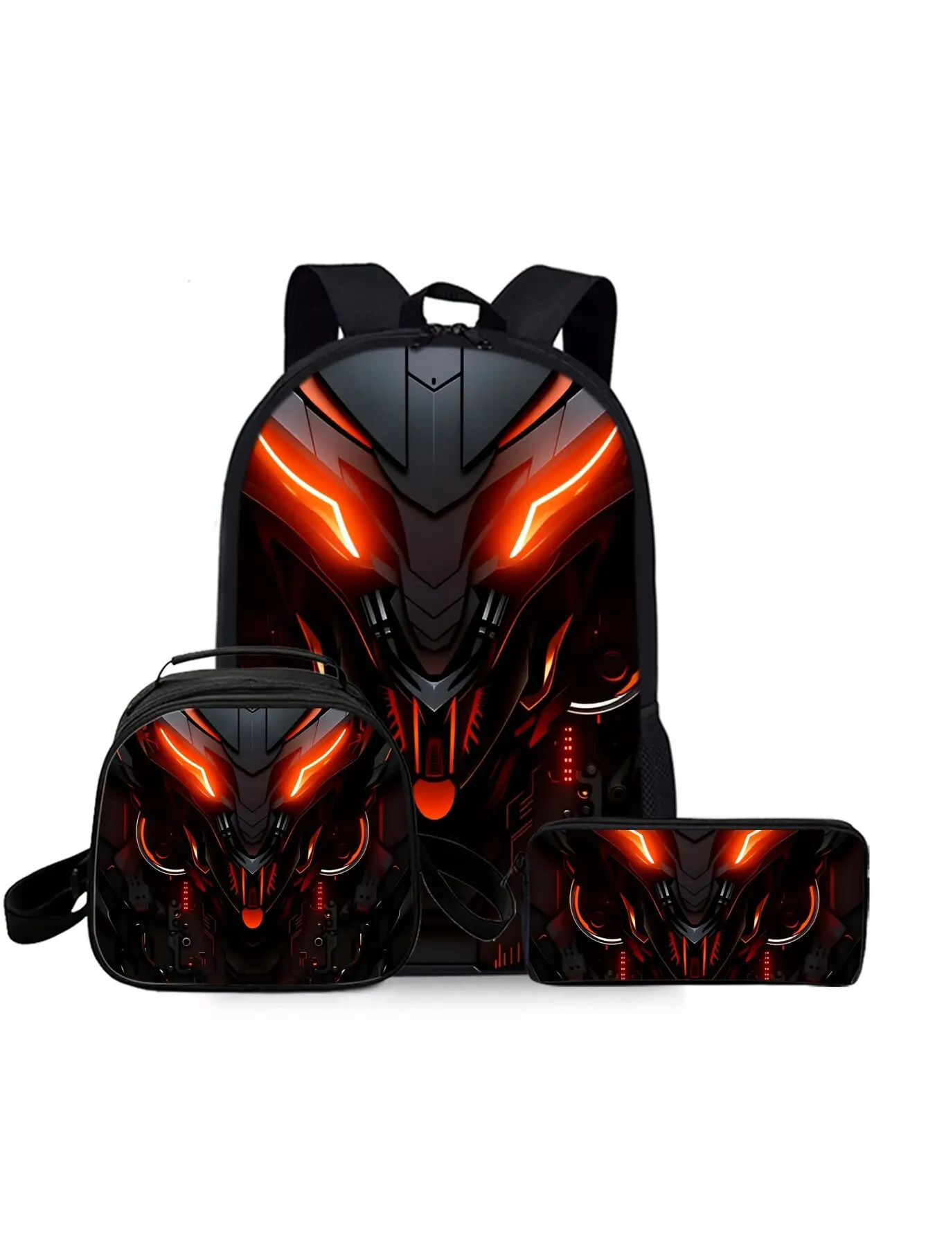 Mechanical robot printed multi compartment backpack three-piece set, including lunch bag, pencil case, and backpack, School Backpacks, Geek Bag